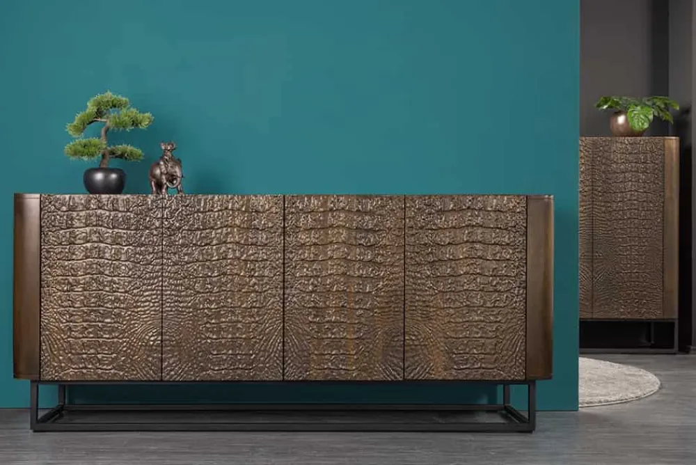 Riess-Ambiente Sideboards & Kommoden|Mehr... > Handgefertigtes Sideboard CROCO 180cm gold braun Mangoholz mit 3D Schnitzereien massiv schwarz Metall