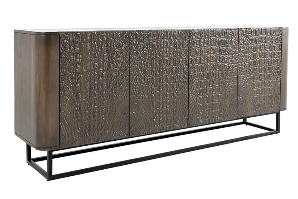 Riess-Ambiente Sideboards & Kommoden|Mehr... > Handgefertigtes Sideboard CROCO 180cm gold braun Mangoholz mit 3D Schnitzereien massiv schwarz Metall