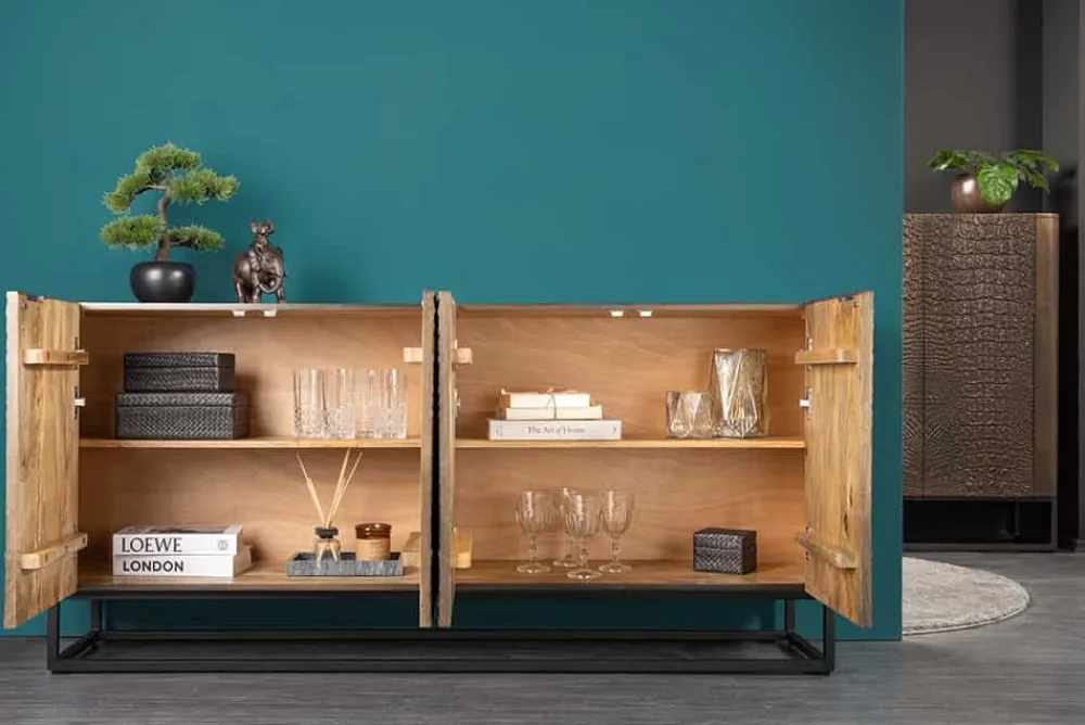 Riess-Ambiente Sideboards & Kommoden|Mehr... > Handgefertigtes Sideboard CROCO 180cm gold braun Mangoholz mit 3D Schnitzereien massiv schwarz Metall