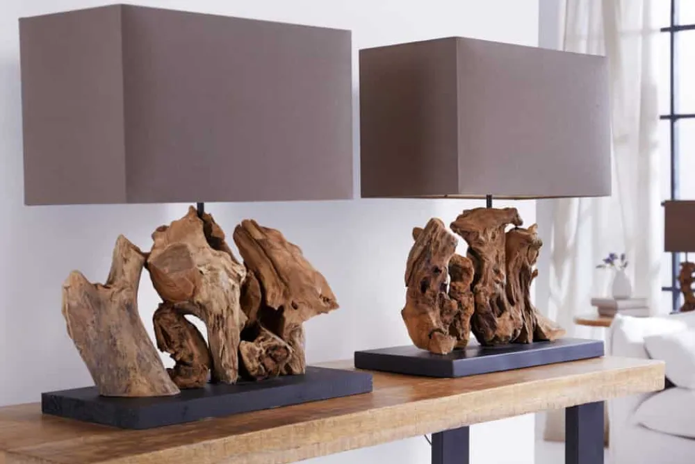 Riess-Ambiente Mehr...|Mehr... > Handgefertigte Tischlampe ARAGON 50cm braun Treibholz-Fuß mit Leinenschirm