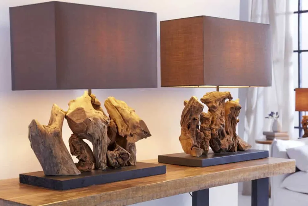 Riess-Ambiente Mehr...|Mehr... > Handgefertigte Tischlampe ARAGON 50cm braun Treibholz-Fuß mit Leinenschirm