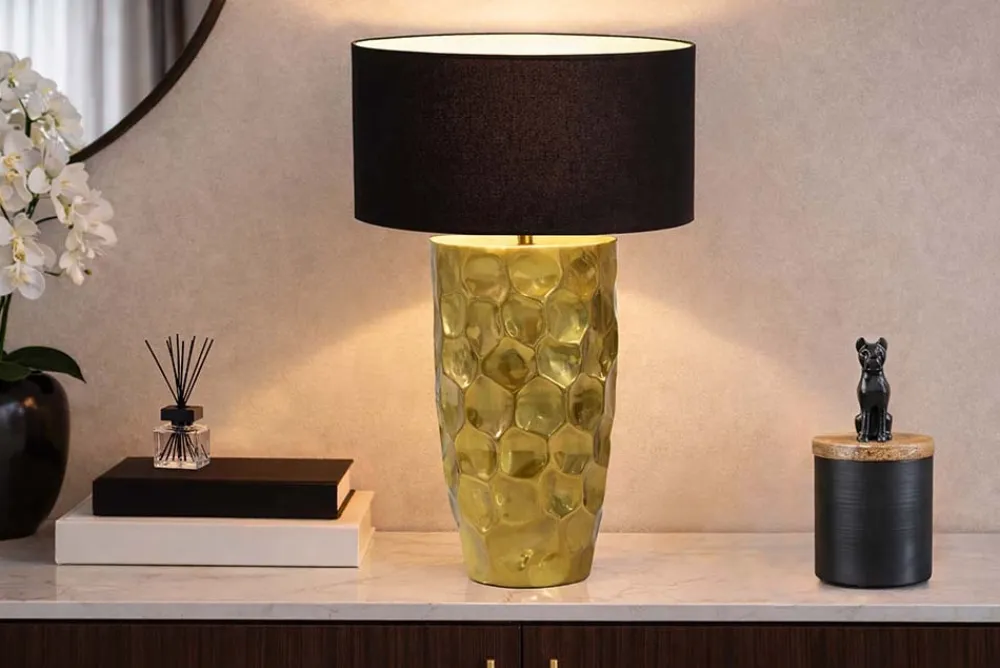Riess-Ambiente Goldene Möbel|Tischlampen > Handgefertigte Tischlampe AURELIA 55cm gold schwarz Hammerschlag-Design mit Stoffschirm