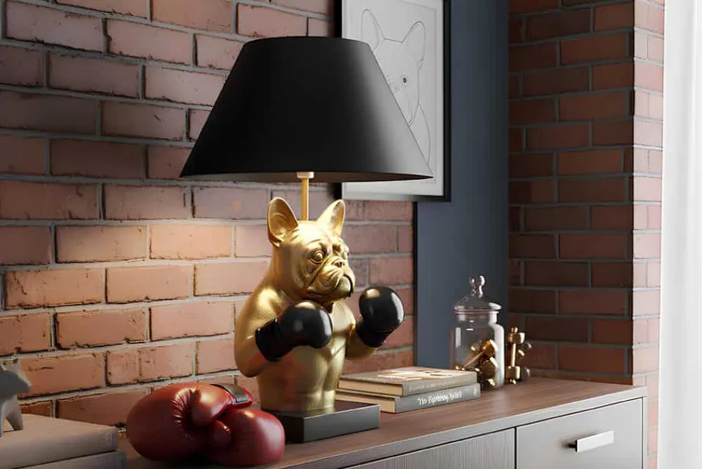 Riess-Ambiente Tischlampen > Handgefertigte Tischlampe BULLDOG 55cm schwarz gold Stoffschirm Hunde-Skulptur Boxer