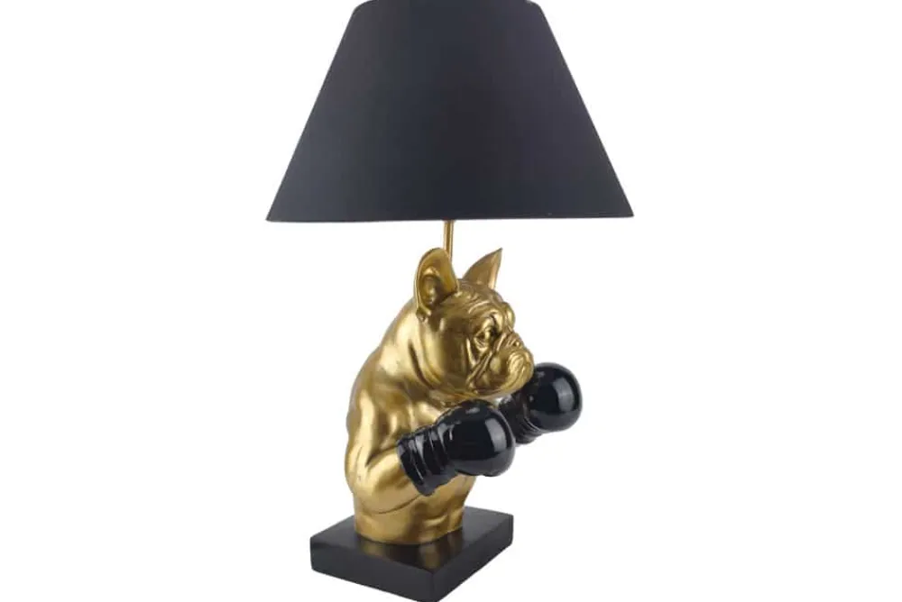 Riess-Ambiente Tischlampen > Handgefertigte Tischlampe BULLDOG 55cm schwarz gold Stoffschirm Hunde-Skulptur Boxer