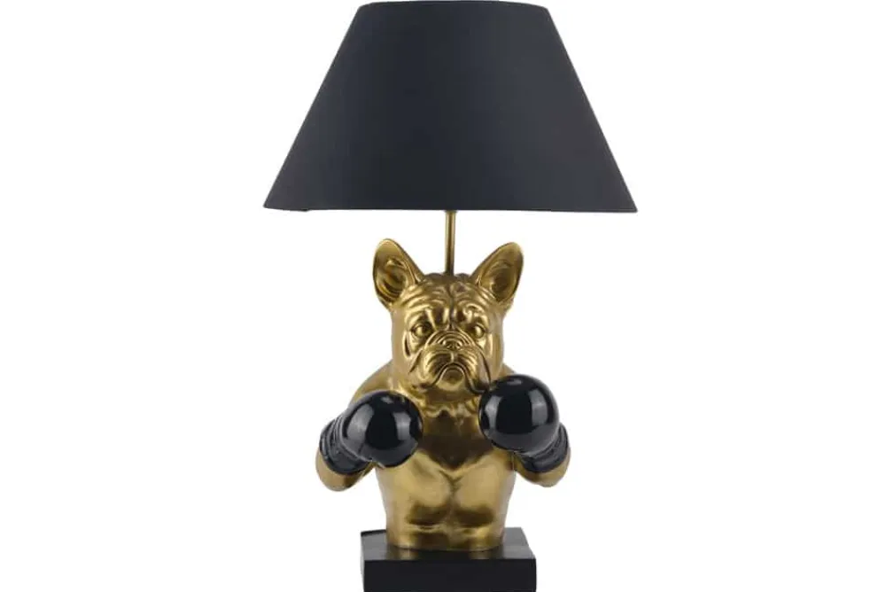 Riess-Ambiente Tischlampen > Handgefertigte Tischlampe BULLDOG 55cm schwarz gold Stoffschirm Hunde-Skulptur Boxer