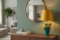 Riess-Ambiente Tischlampen > Handgefertigte Tischlampe CHAMELEON 55cm grün gold Skulptur gelber Stoffschirm
