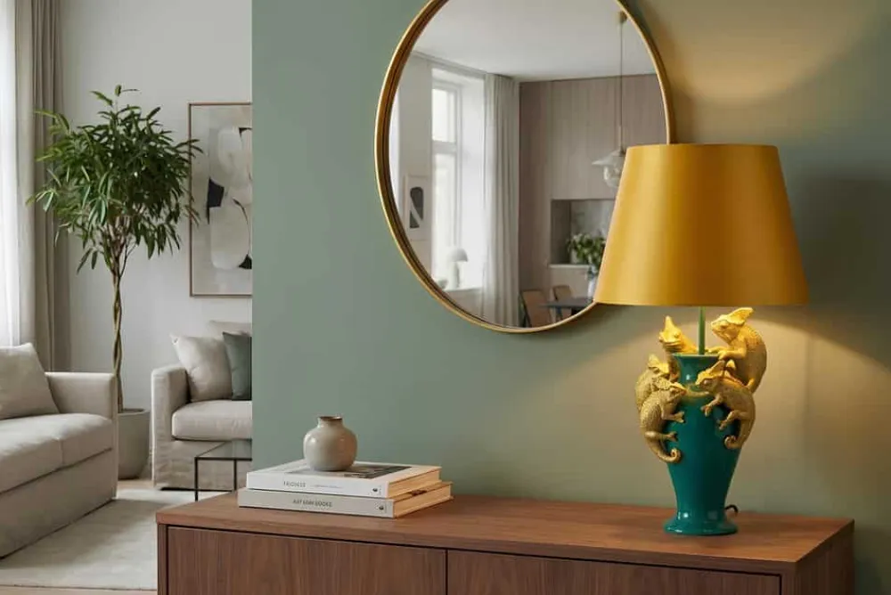 Riess-Ambiente Tischlampen > Handgefertigte Tischlampe CHAMELEON 55cm grün gold Skulptur gelber Stoffschirm