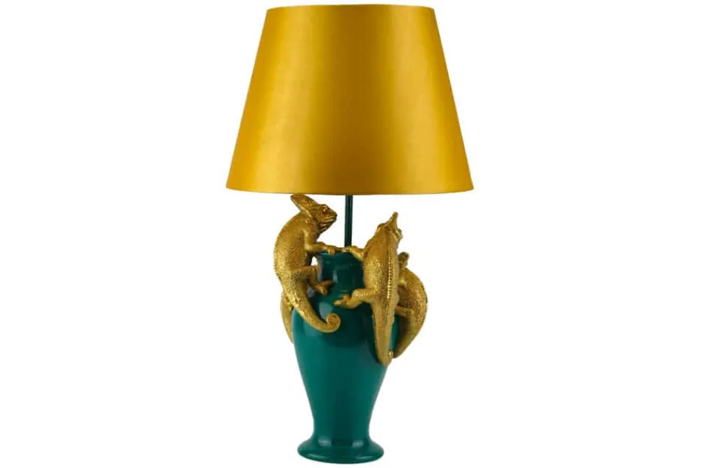Riess-Ambiente Tischlampen > Handgefertigte Tischlampe CHAMELEON 55cm grün gold Skulptur gelber Stoffschirm