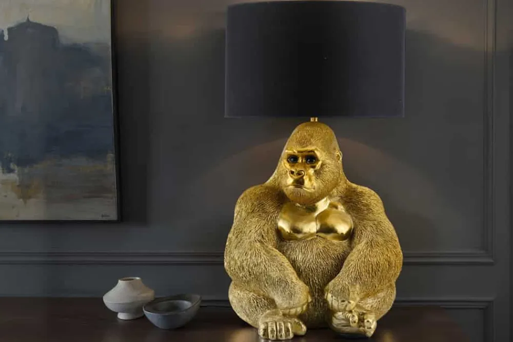 Riess-Ambiente Tischlampen > Handgefertigte Tischlampe KING APE 55cm gold schwarzer Stoffschirm Gorilla-Skulptur