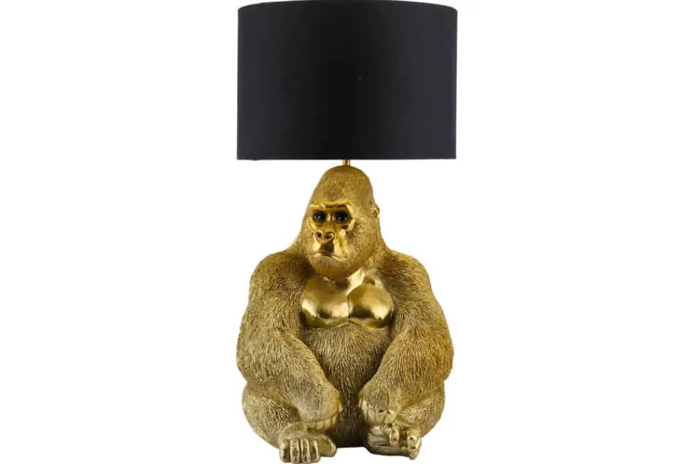 Riess-Ambiente Tischlampen > Handgefertigte Tischlampe KING APE 55cm gold schwarzer Stoffschirm Gorilla-Skulptur