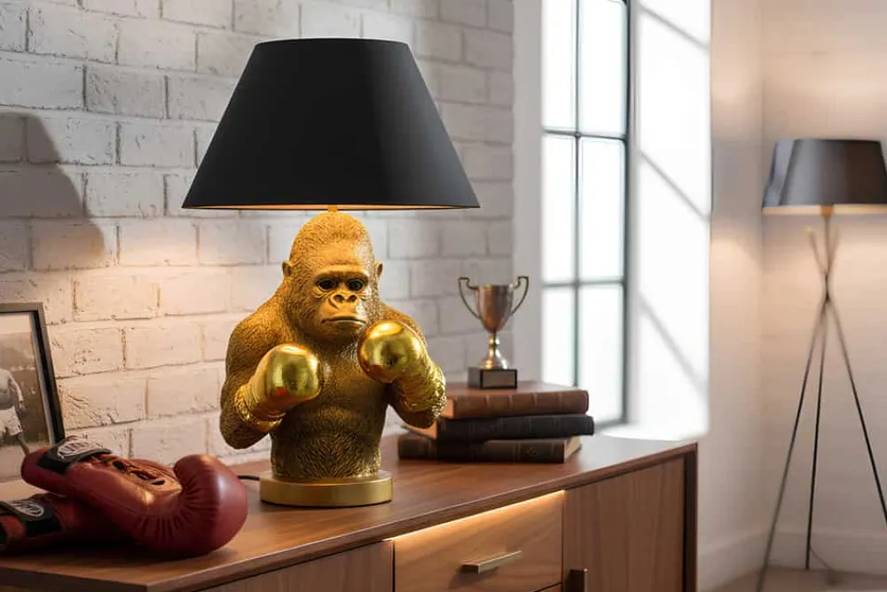 Riess-Ambiente Tischlampen > Handgefertigte Tischlampe KING APE 55cm schwarz gold Stoffschirm Affen-Skulptur