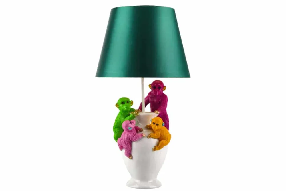 Riess-Ambiente Tischlampen > Handgefertigte Tischlampe MONKEY 60cm weiß bunt grüner Stoffschirm Affen-Skulpturen