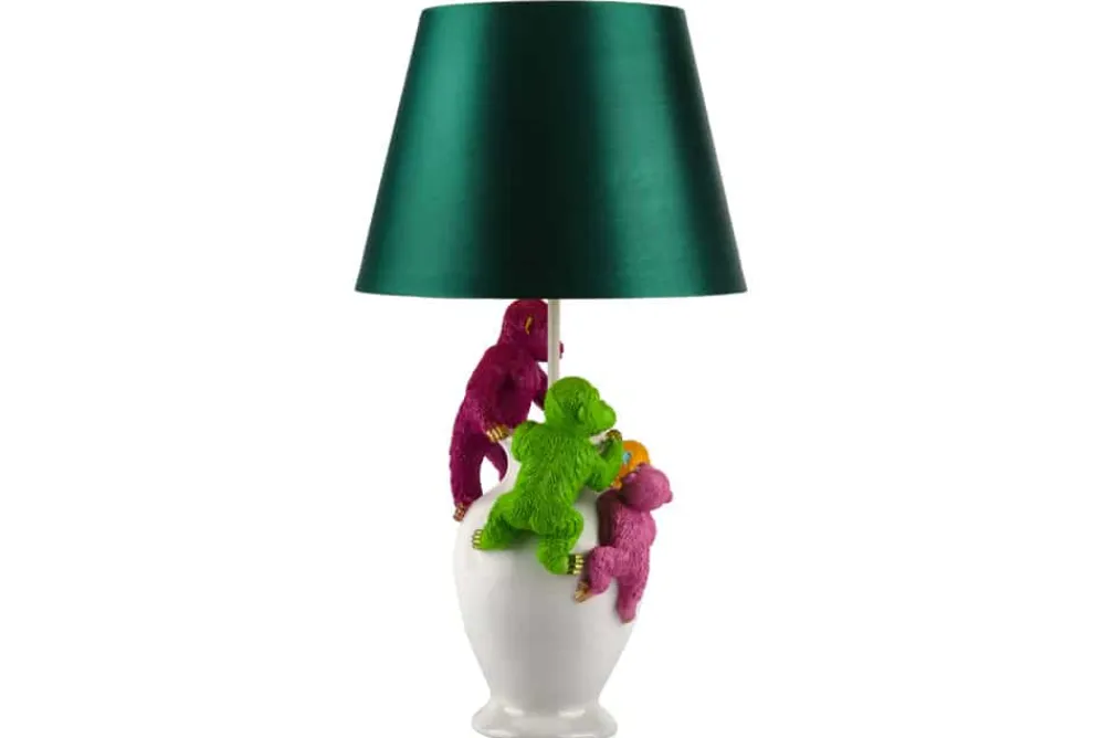 Riess-Ambiente Tischlampen > Handgefertigte Tischlampe MONKEY 60cm weiß bunt grüner Stoffschirm Affen-Skulpturen