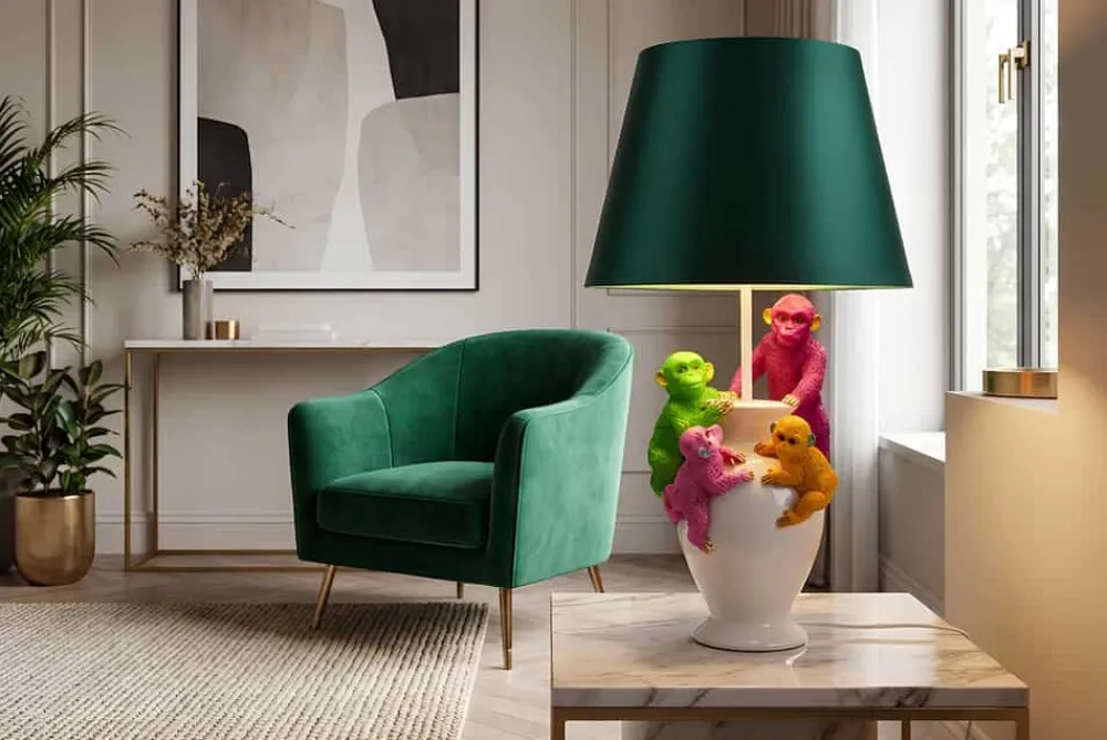 Riess-Ambiente Tischlampen > Handgefertigte Tischlampe MONKEY 60cm weiß bunt grüner Stoffschirm Affen-Skulpturen