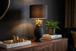 Riess-Ambiente Tischlampen > Handgefertigte Tischlampe PINEAPPLE 50cm schwarz Ananas-Design gold mit Stoffschirm
