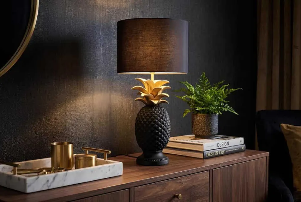 Riess-Ambiente Tischlampen > Handgefertigte Tischlampe PINEAPPLE 50cm schwarz Ananas-Design gold mit Stoffschirm