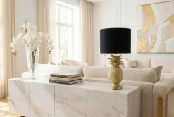 Riess-Ambiente Tischlampen > Handgefertigte Tischlampe PINEAPPLE 50cm gold schwarz Ananas-Design mit Stoffschirm