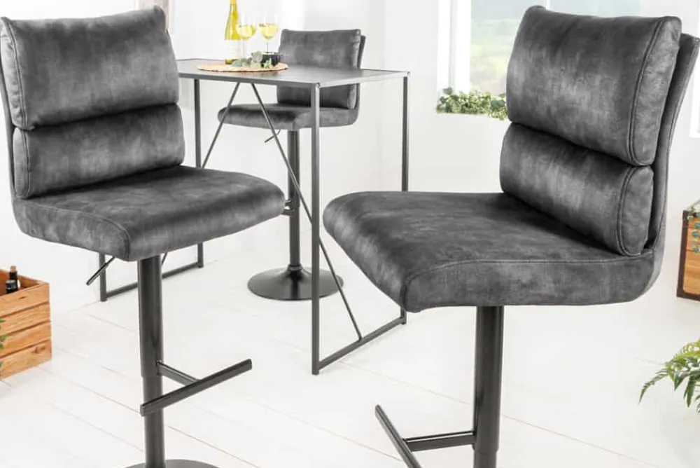 Riess-Ambiente Industrial Loft|Retro Möbel > Höhenverstellbarer Barhocker COMFORT dunkelgrau Samt drehbar mit Lehne Metall schwarz