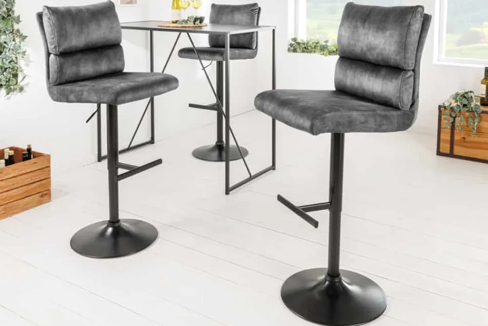 Riess-Ambiente Industrial Loft|Retro Möbel > Höhenverstellbarer Barhocker COMFORT dunkelgrau Samt drehbar mit Lehne Metall schwarz