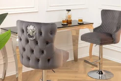 Riess-Ambiente Barhocker|Samt Möbel > Höhenverstellbarer Barhocker CASTLE DELUXE grau Samt silber Edelstahl Löwenkopf