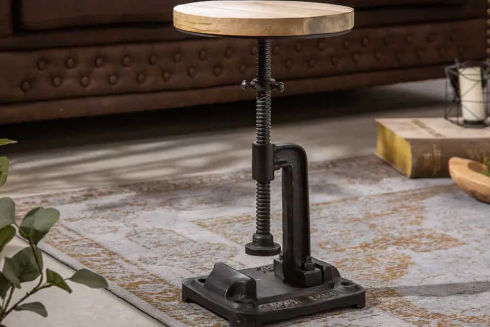 Riess-Ambiente Beistelltische|Mehr... > Höhenverstellbarer Beistelltisch ENGINEER 30cm Mangoholz Industrial Design massiv rund Eisen