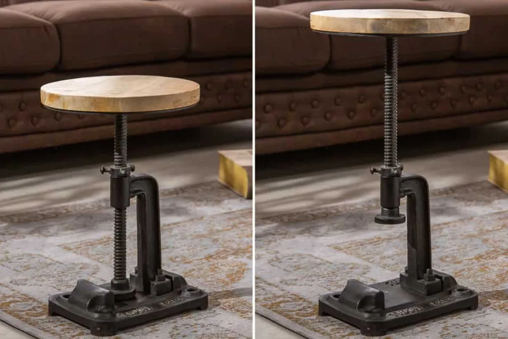 Riess-Ambiente Beistelltische|Mehr... > Höhenverstellbarer Beistelltisch ENGINEER 30cm Mangoholz Industrial Design massiv rund Eisen