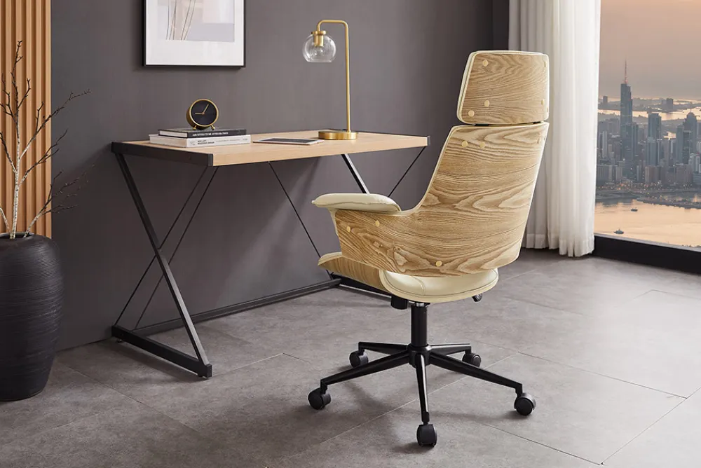 Riess-Ambiente Retro Möbel|Bürostühle > Höhenverstellbarer Bürostuhl MANHATTAN natur Eiche creme beige Kunstleder drehbar