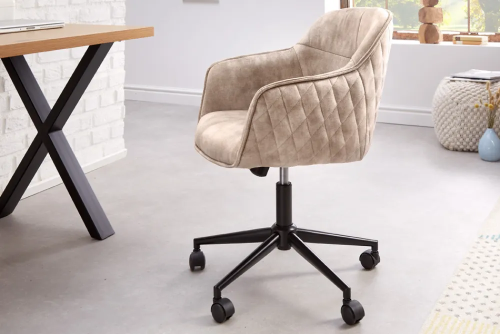 Riess-Ambiente Samt Möbel|Bürostühle > Höhenverstellbarer Design Bürostuhl EUPHORIA champagner greige Samt drehbar Ziersteppung