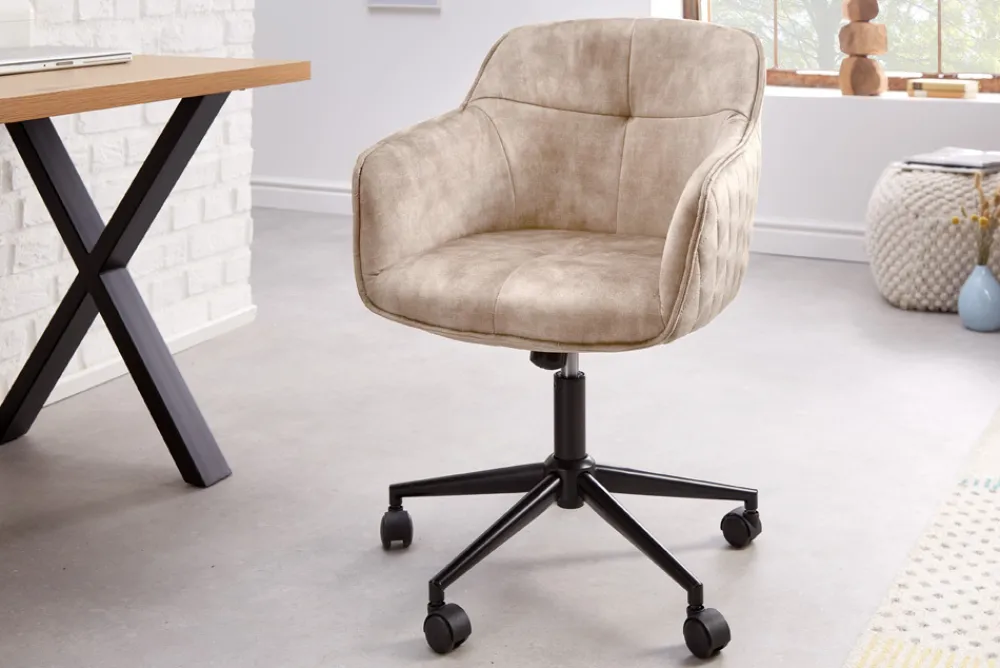Riess-Ambiente Samt Möbel|Bürostühle > Höhenverstellbarer Design Bürostuhl EUPHORIA champagner greige Samt drehbar Ziersteppung