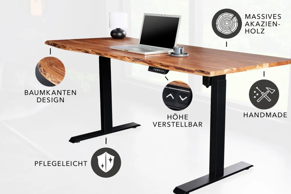 Riess-Ambiente Mehr...|Mehr... > Höhenverstellbarer Schreibtisch MAMMUT 160cm natur Akazie Massivholz Baumkante