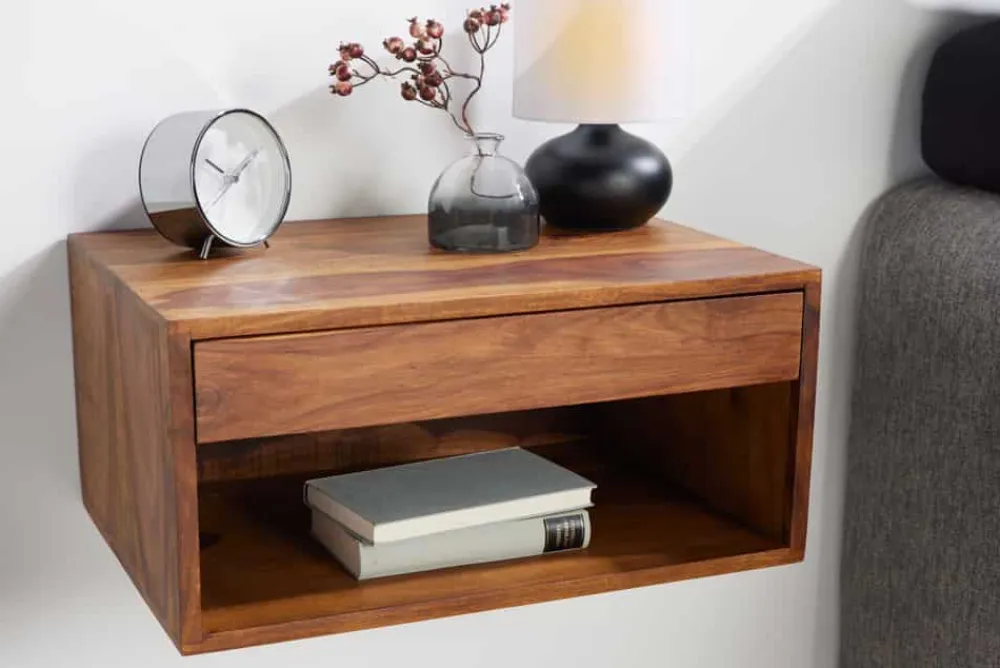 Riess-Ambiente Mehr...|Massivholzregale > Hängender Nachttisch PURE 50cm braun Sheesham Massivholz stone finish Regal Schublade