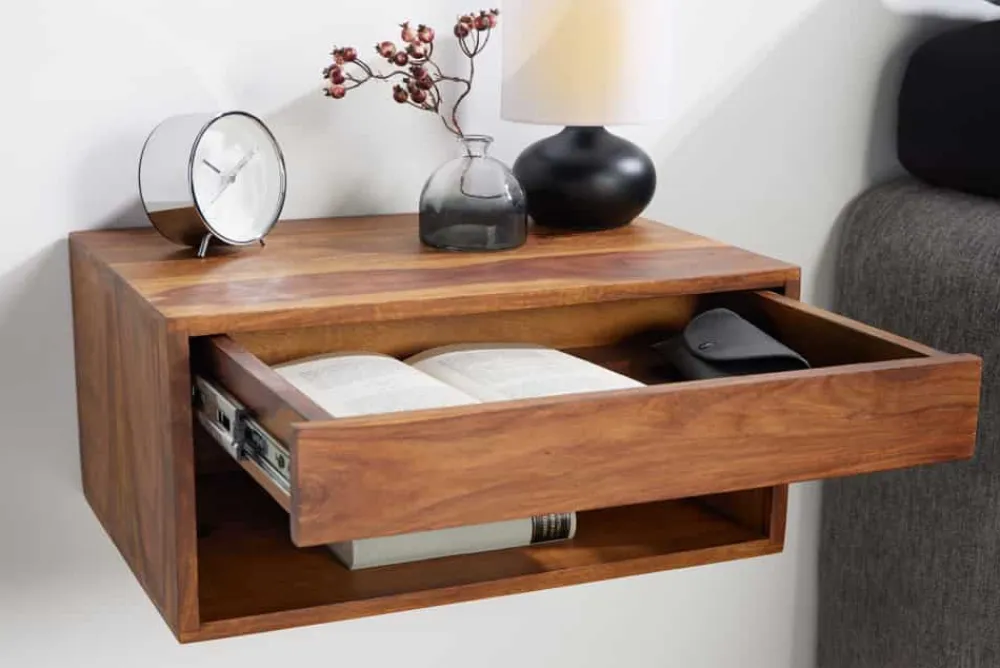Riess-Ambiente Mehr...|Massivholzregale > Hängender Nachttisch PURE 50cm braun Sheesham Massivholz stone finish Regal Schublade