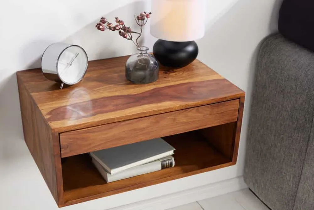 Riess-Ambiente Mehr...|Massivholzregale > Hängender Nachttisch PURE 50cm braun Sheesham Massivholz stone finish Regal Schublade