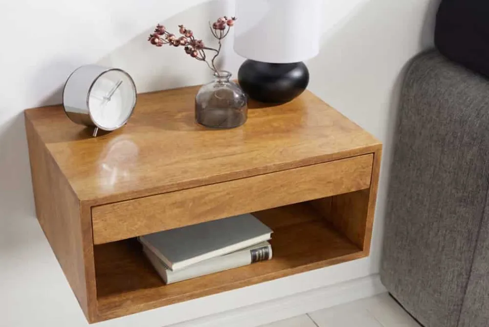 Riess-Ambiente Skandinavisch|Mehr... > Hängender Nachttisch PURE 50cm braun Mangoholz honey finish Wandregal Schublade