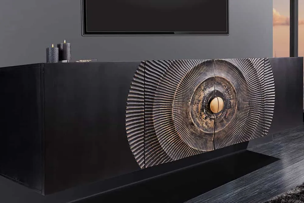 Riess-Ambiente Mehr...|Massivholzschränke > Hängendes Sideboard GOLDEN SUNSET 180cm schwarz mit 3D Schnitzereien gold massiv Mangoholz handmade