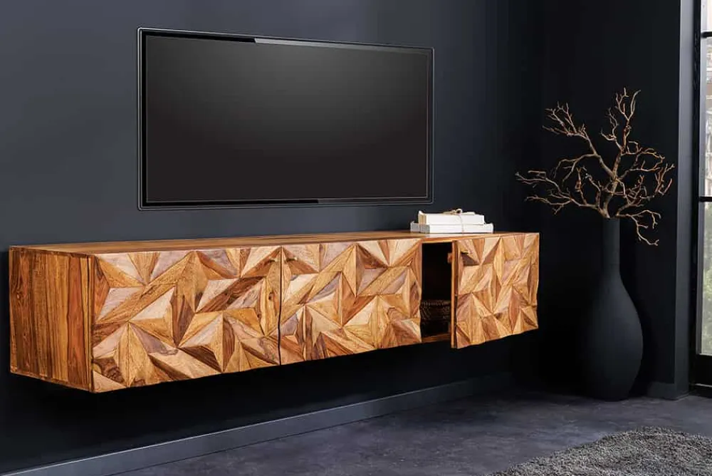 Riess-Ambiente Tv- & Lowboards|Mehr... > Hängendes TV-Lowboard ALPINE 160cm braun Sheesham Massivholz stone finish Metall gold
