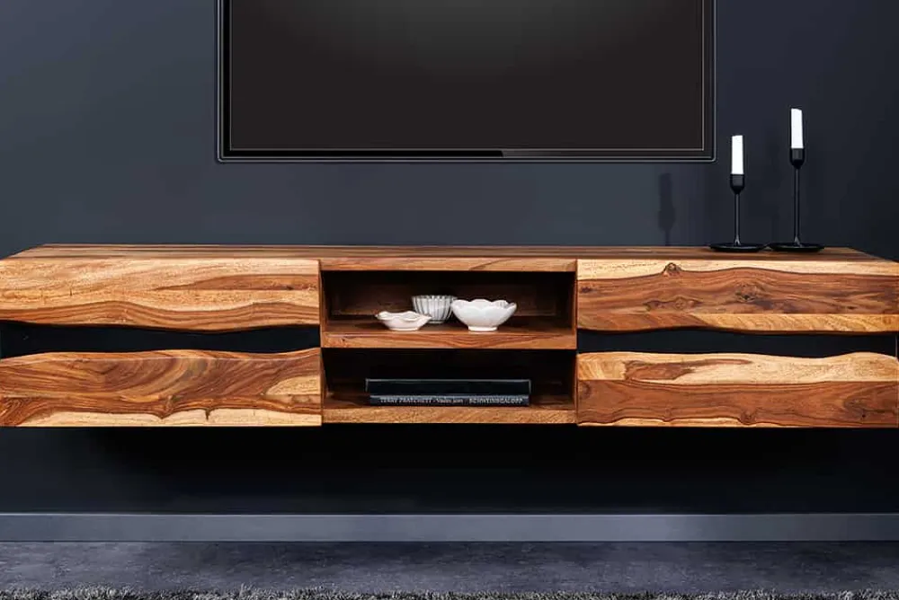 Riess-Ambiente Tv- & Lowboards|Industrial Loft > Hängendes TV-Lowboard AMAZONAS 160cm braun Sheesham Massivholz Baumkante Metall schwarz