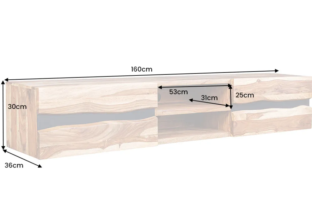 Riess-Ambiente Tv- & Lowboards|Industrial Loft > Hängendes TV-Lowboard AMAZONAS 160cm braun Sheesham Massivholz Baumkante Metall schwarz