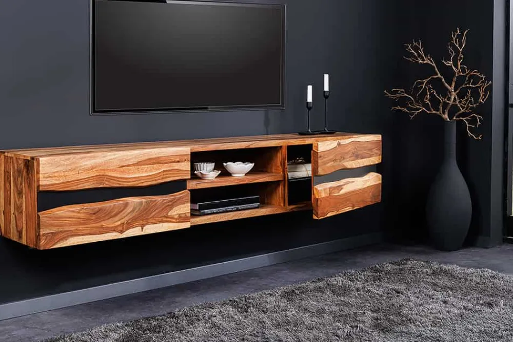 Riess-Ambiente Tv- & Lowboards|Industrial Loft > Hängendes TV-Lowboard AMAZONAS 160cm braun Sheesham Massivholz Baumkante Metall schwarz