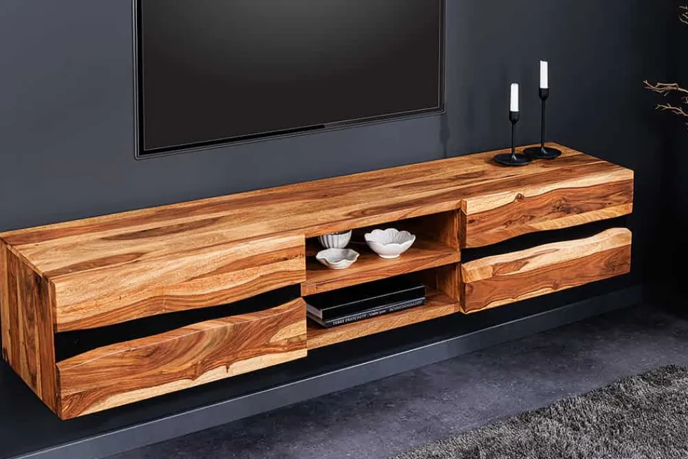 Riess-Ambiente Tv- & Lowboards|Industrial Loft > Hängendes TV-Lowboard AMAZONAS 160cm braun Sheesham Massivholz Baumkante Metall schwarz