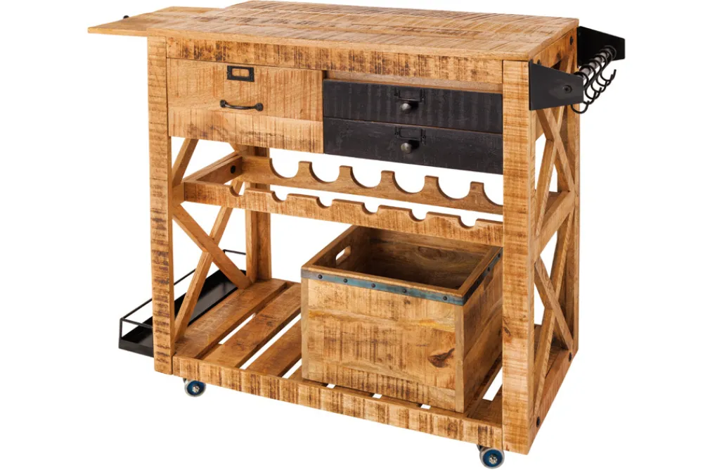 Riess-Ambiente Industrial Loft|Weinregale > Industrial Barschrank BODEGA 86cm Mangoholz Servierwagen mit Weinregal und Aufhängung