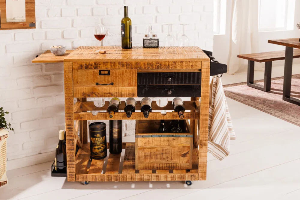 Riess-Ambiente Industrial Loft|Weinregale > Industrial Barschrank BODEGA 86cm Mangoholz Servierwagen mit Weinregal und Aufhängung