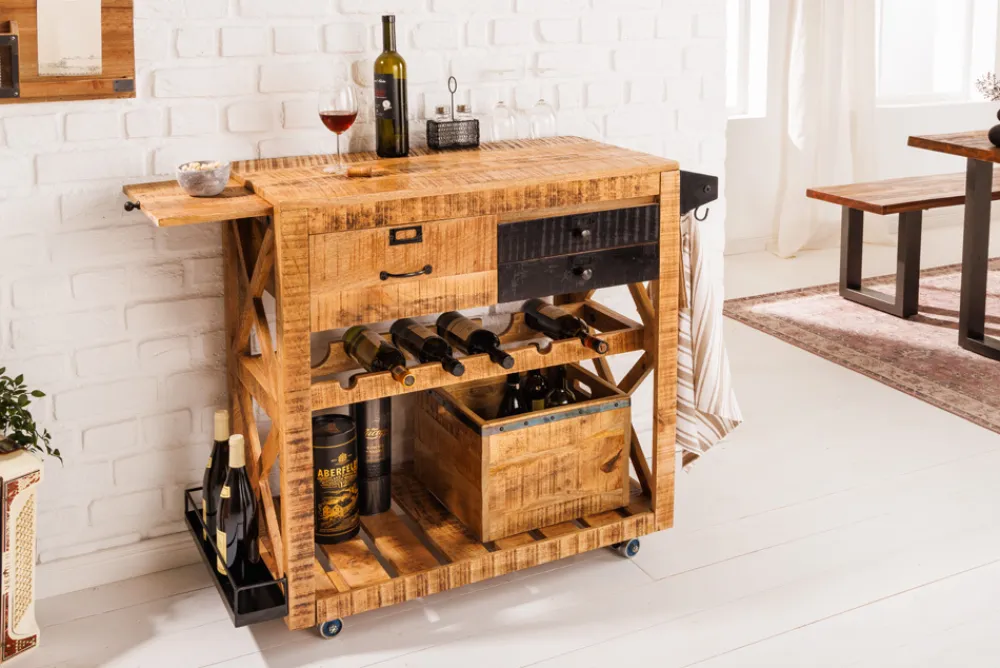 Riess-Ambiente Industrial Loft|Weinregale > Industrial Barschrank BODEGA 86cm Mangoholz Servierwagen mit Weinregal und Aufhängung