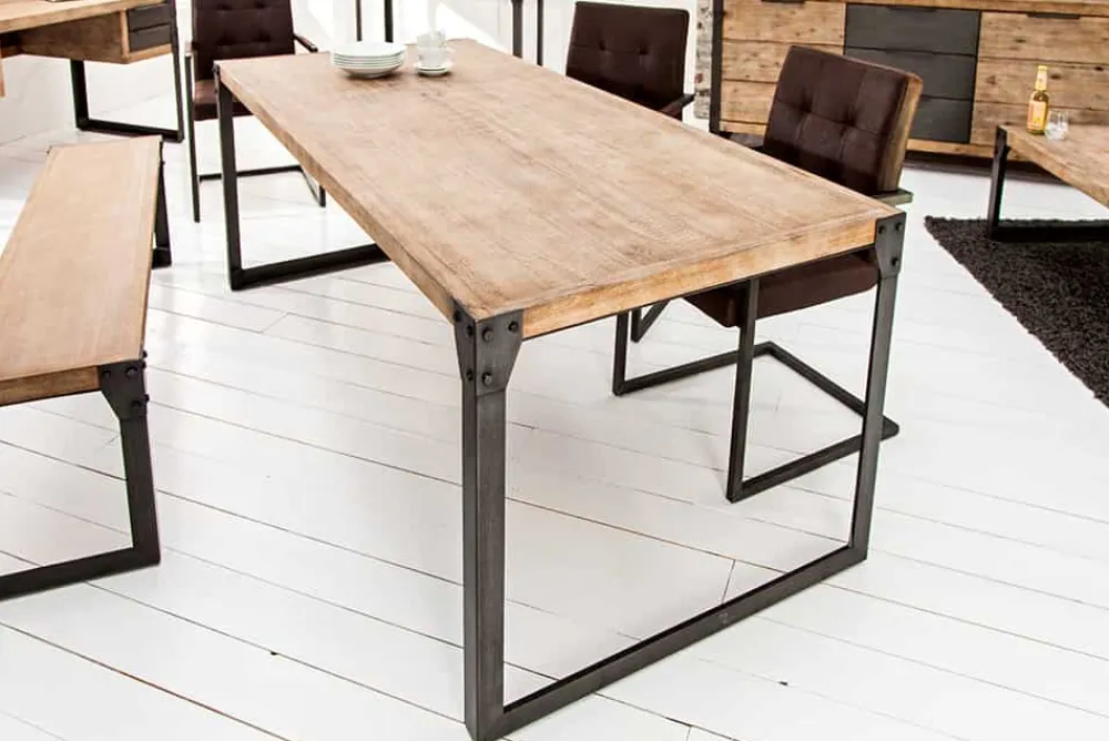 Riess-Ambiente Mehr...|Massivholzesstische > Industrial Design Esstisch FACTORY 160cm Akazie teak-grau weiß gekälkt Metallbeine Kufe