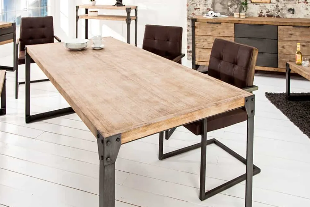 Riess-Ambiente Mehr...|Massivholzesstische > Industrial Design Esstisch FACTORY 160cm Akazie teak-grau weiß gekälkt Metallbeine Kufe
