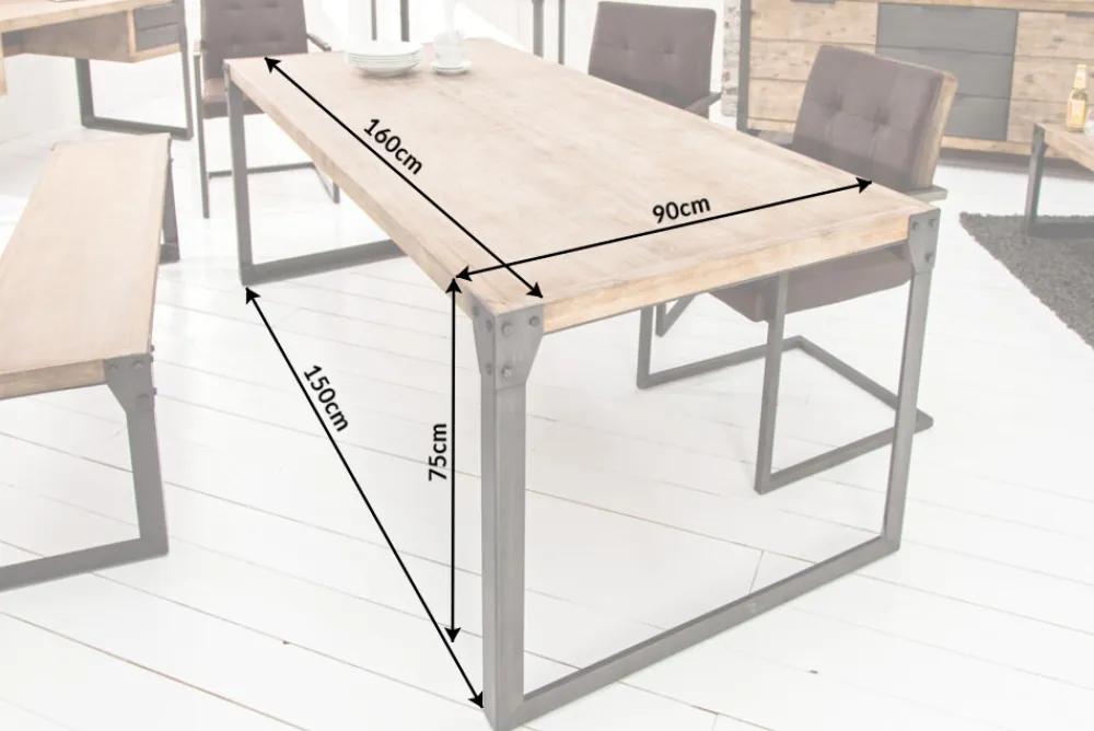 Riess-Ambiente Mehr...|Massivholzesstische > Industrial Design Esstisch FACTORY 160cm Akazie teak-grau weiß gekälkt Metallbeine Kufe