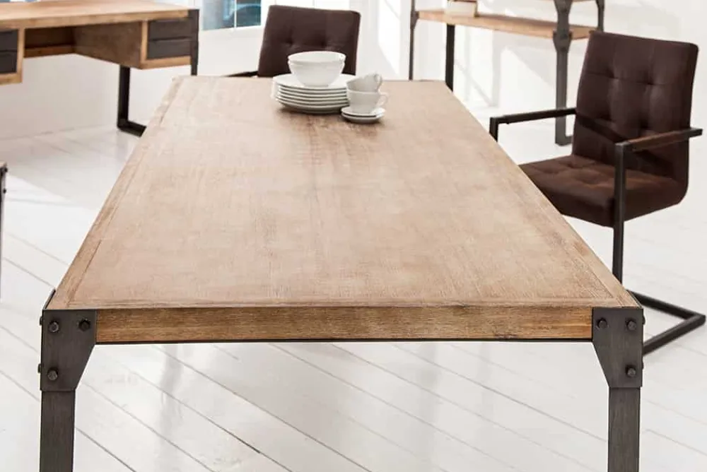Riess-Ambiente Mehr...|Massivholzesstische > Industrial Design Esstisch FACTORY 160cm Akazie teak-grau weiß gekälkt Metallbeine Kufe