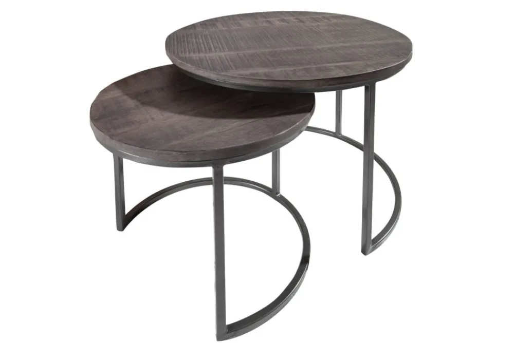 Riess-Ambiente Mehr...|Couchtische > Industrial 2er Set Beistelltische ELEMENTS 60cm grau Mangoholz massiv rund schwarz Metall