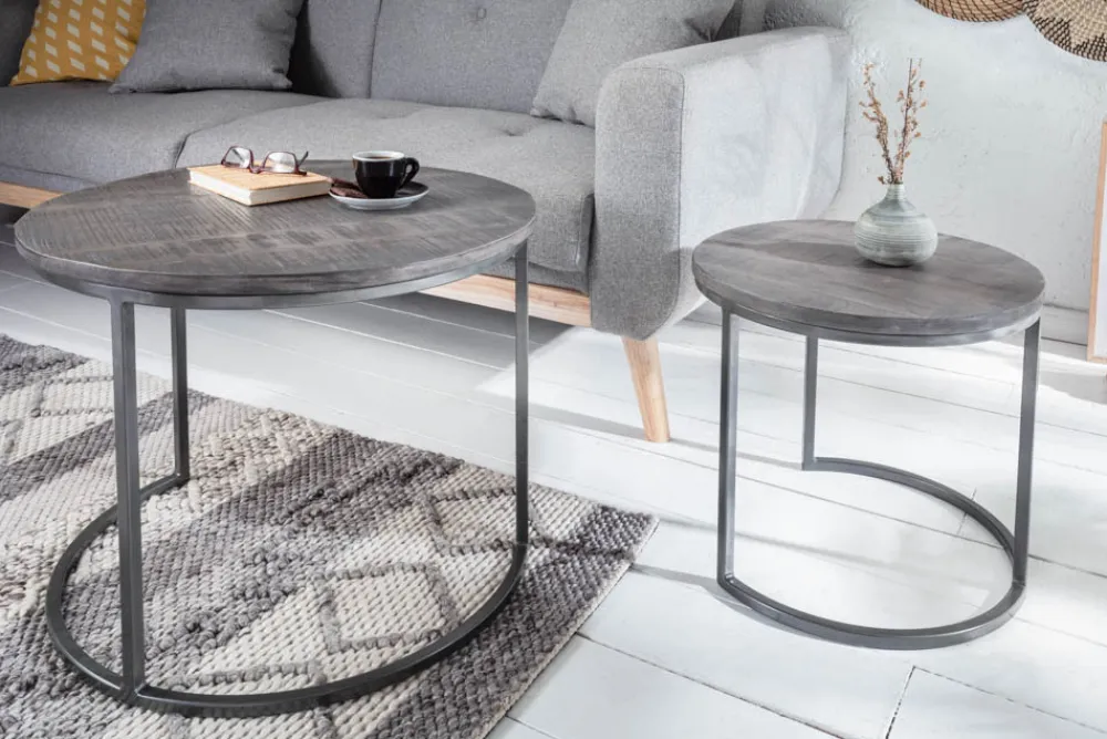 Riess-Ambiente Mehr...|Couchtische > Industrial 2er Set Beistelltische ELEMENTS 60cm grau Mangoholz massiv rund schwarz Metall
