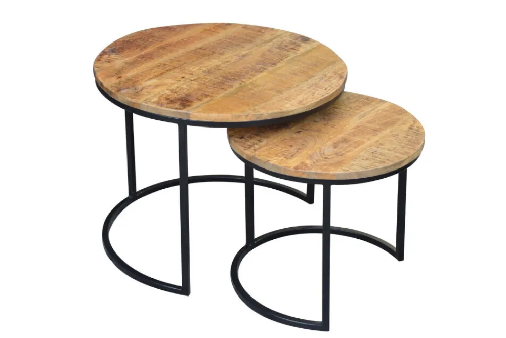 Riess-Ambiente Mehr...|Couchtische > Industrial 2er Set Beistelltische ELEMENTS 60cm Mangoholz massiv rund schwarzes Metallgestell